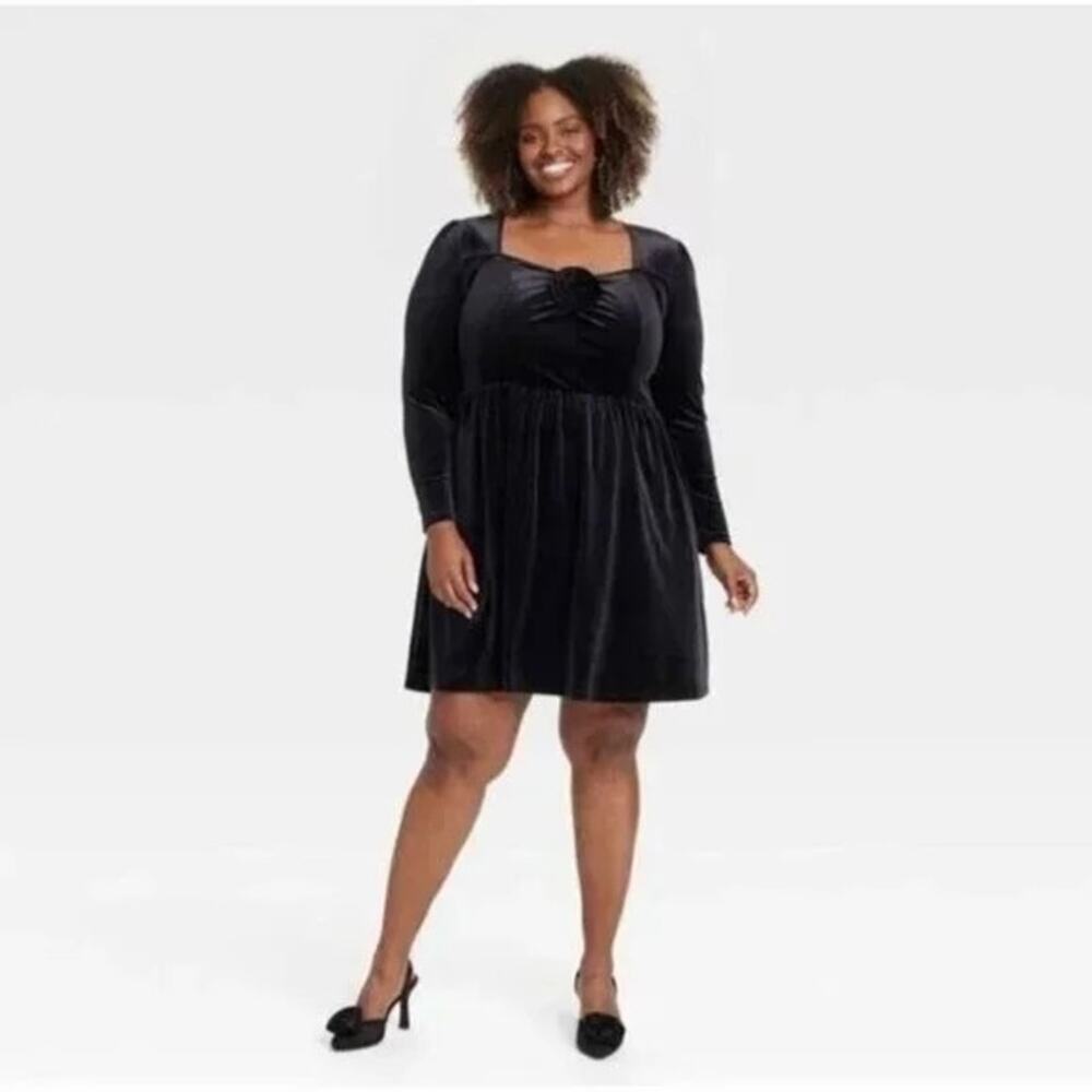 Ava + Viv NWT Women's Long Sleeve Rosette Midi A-Line Velvet Dress Size XXL